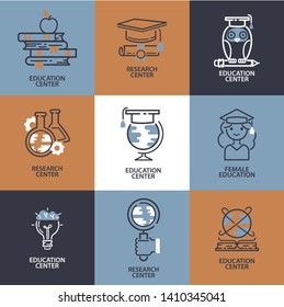 Education icons set vector illustration.Online education, learning, learn to think banner, poster. Research center. Female education. Piles of books. Owl with pencil. Flask and vial. Student-girl.