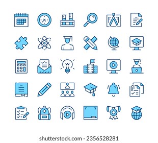 Juego de iconos de educación. Iconos de la línea del vector. Símbolos de trazo de contorno de color azul. Conceptos modernos