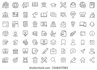 Education icons set, of web icons in line style, vector set. Set of 70 line icons  related to video tutorial, knowledge, study,  school online education. Vector illustration.