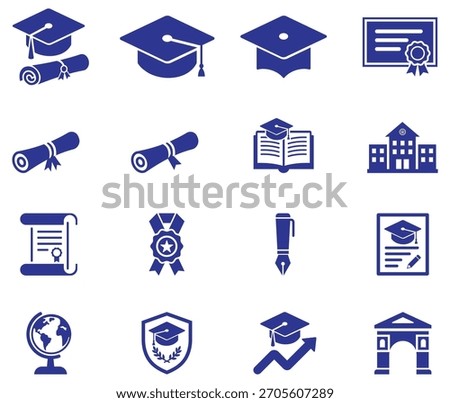 Education icons showing caps, diplomas, school building, certificate, badge, pen, globe, and achievement symbols for academic use.