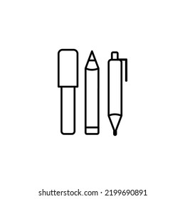 Education icons. Stationary outline on white background. All stationary Items. Stationaries icon vector. Pen icon.