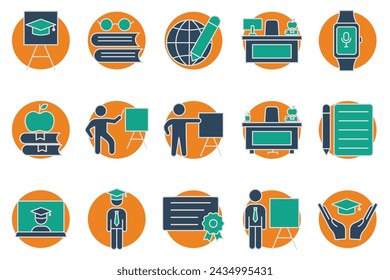 education icons. teacher, teacher desk, graduation hat, pencil and notepad, book, student. set of icons related to education. flat line icon style. navigation vector illustration
