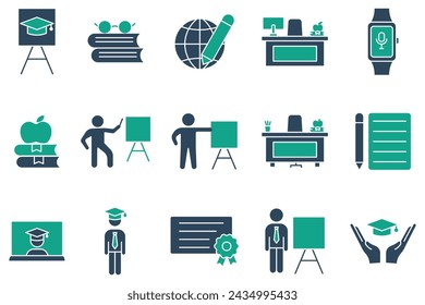 education icons. teacher, teacher desk, graduation hat, pencil and notepad, book, student. set of icons related to education. solid icon style. navigation vector illustration