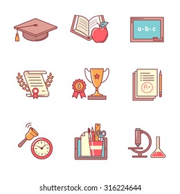 Education icons thin line set. Flat style color vector symbols isolated on white.