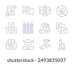 Education icons. Thin Line style, editable stroke. certificate, blocks, artificial intelligence, crayons, online learning, microscope, language, graduation hat, formation, education, consultation.