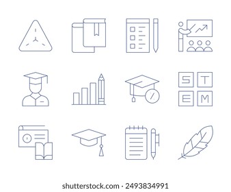 Education icons. Thin Line style, editable stroke. graduation cap, books, bar chart, exam, education, diary, training, stem, quill, triangle, student, radio.