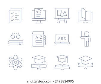 Education icons. Thin Line style, editable stroke. geometric shapes, elearning, education, data processing, checklist, book, atom, dictionary, open book, mortarboard, lecturer, graduate.