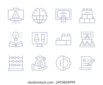 Education icons. Thin Line style, editable stroke. certificate, blocks, artificial intelligence, classroom, knowledge, writing, abacus, world, test tube, scholarship, presentation, construction.