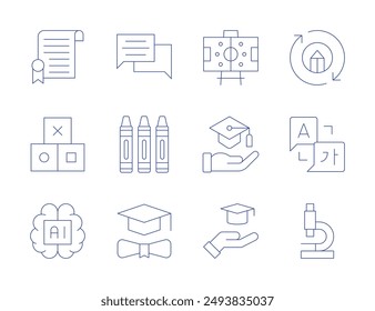 Iconos de Educación. Estilo de línea delgada, trazo editable. certificado, bloques, inteligencia artificial, crayones, aprendizaje en línea, microscopio, lenguaje, sombrero de graduación, formación, educación, consulta.