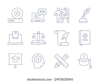 Education icons. Thin Line style, editable stroke. presentation, online learning, mind, law, history, pencil, write, thesis, scholarship, friction, elearning, education.