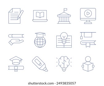 Education icons. Thin Line style, editable stroke. online learning, online education, marker, knowledge, idea, video, study, reading book, file, education, diploma, political science.