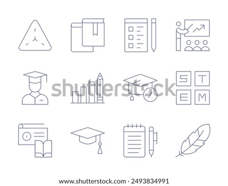 Education icons. Thin Line style, editable stroke. graduation cap, books, bar chart, exam, education, diary, training, stem, quill, triangle, student, radio.