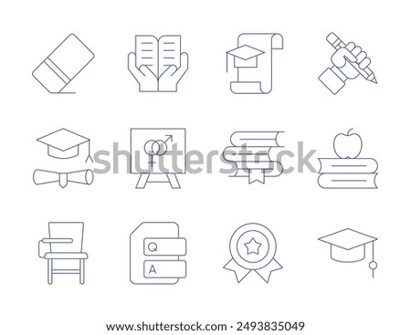 Education icons. Thin Line style, editable stroke. graduation, books, awards, pencil, mortarboard, knowledge, training, sex education, question, eraser, education, desk.