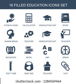 education icons. Trendy 16 education icons. Contain icons such as atom in hand, calculator, graduation cap, book, human brain, teacher, graduation hat. education icon for web and mobile.