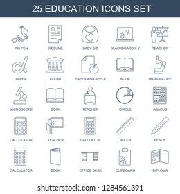 education icons. Trendy 25 education icons. Contain icons such as ink pen, resume, baby bid, blackboard x y, teacher, alpha, court, paper and apple. education icon for web and mobile.