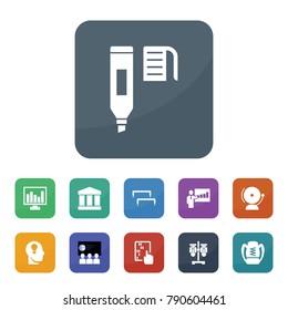 Education icons. vector collection filled education icons such as lecturer, abacus, key hole in head, chart on display, school bell, highlighter, bank, staples, test tube
