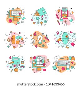 Education icons vector illustration and learning symbols of schooling and graduation set of school science books learned by educated students isolated on white background