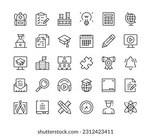 Education icons. Vector line icons set. School, university, learning, graduation, knowledge concepts. Black outline stroke symbols