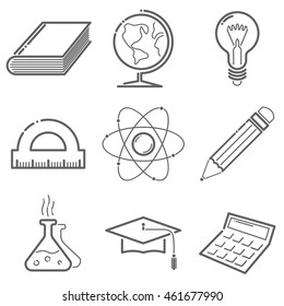 Education icons vector set in line style. School icons Ã¢?? book, globe, bulb, ruler, atom, pencil, chemistry flask, graduation hat, calculator.