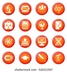 Education icons vector set of red circles isolated on white background