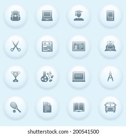 Education icons with white buttons on blue background.