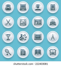Education icons with white buttons on blue background.