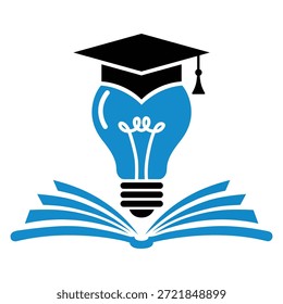 Concepto de idea de Educación con bombilla, tapa de graduación e ilustración de libro abierto