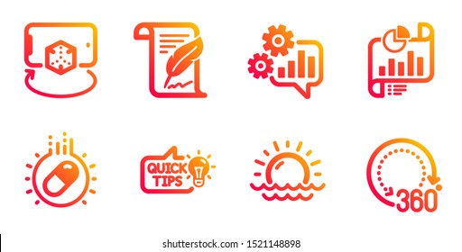 Education idea, Feather and Cogwheel line icons set. Capsule pill, Augmented reality and Sunset signs. Report document, 360 degrees symbols. Quick tips, Copyright page. Science set. Vector