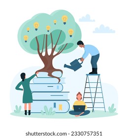 Education, idea growth and development vector illustration. Cartoon tiny people with watering can grow green tree of knowledge with fruits of light bulbs, learning process and research information