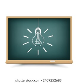 Education idea lightbulb lamp on school blackboard. Chalkboard drawing of light lamp