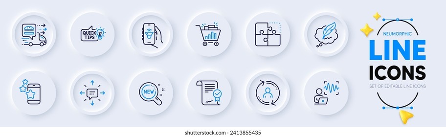 Education idea, Music app and Best app line icons for web app. Pack of Seo shopping, Puzzle, User info pictogram icons. Food delivery, Voice wave, Sms signs. New products. Neumorphic buttons. Vector