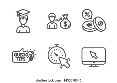 Education idea, Student and Currency exchange icons simple set. Timer, Sallary and Internet signs. Quick tips, Graduation cap. Business set. Line education idea icon. Editable stroke. Vector