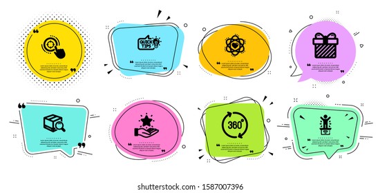 Education idea, Surprise and Atom line icons set. Chat bubbles with quotes. Search package, Loyalty program and 360 degrees signs. Seo target, Winner podium symbols. Vector