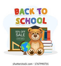 Education illustration. Back to school. Cute teddy bear with books, globe and chalkboard. Sale banner