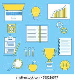Education illustration. Concept with book, idea and trophy. Chemistry, mathematics, sport and test clipboard