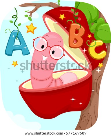 Education Illustration Featuring a Nerdy Earthworm Popping Out of an Apple Surrounded by Letters of the Alphabet