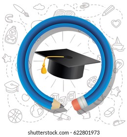 Education Illustration, 
Pencil surrounding a graduation cap over icons texture backdrop