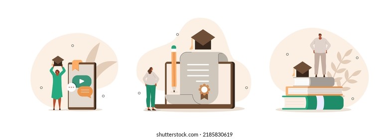 
Education illustration set. Characters celebrating successfully ended educational course, seminar , tutorial and holding academic hat and diploma certificate. Graduation concept. Vector illustration. svg