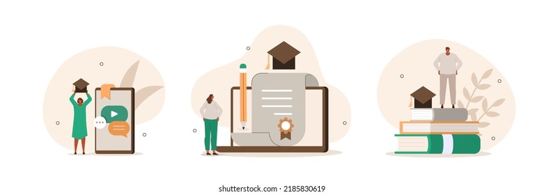 
Education illustration set. Characters celebrating successfully ended educational course, seminar , tutorial and holding academic hat and diploma certificate. Graduation concept. Vector illustration.