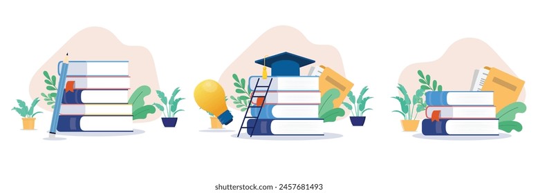 Education illustrations collection - Set of vector graphics with books and educational elements with no people on white background