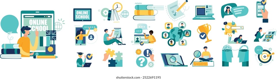 Education illustrations. Set of flat people process learning study vector of education, reading e book, online course and training, back to school, video workshop training and online education