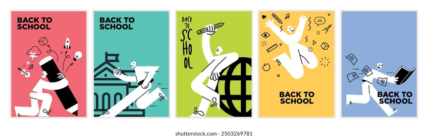 Ilustraciones de Educación. Conjunto de carteles de Vector y Anuncios de educación, aprendizaje, regreso a la escuela, libro de lectura, curso y formación en línea, educación a distancia y aprendizaje en línea.