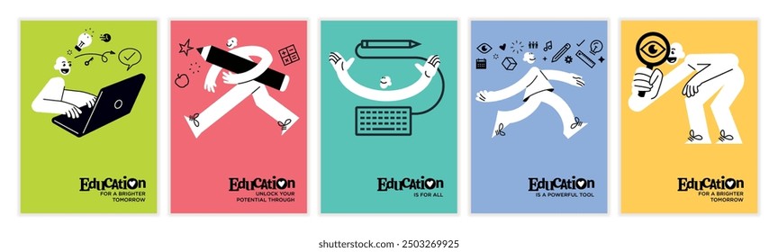 Ilustraciones de Educación. Conjunto de carteles de Vector y Anuncios de educación, aprendizaje, regreso a la escuela, libro de lectura, curso y formación en línea, educación a distancia y aprendizaje en línea.