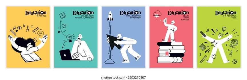 Education illustrations. Set of vector posters and banners of education, learning, back to school, reading book, online course and training, distance education and online learning.