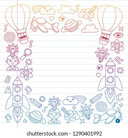 Education and imagination illustration for little children. Image for kindergarten, school kids. Travel, adventure, exploration.