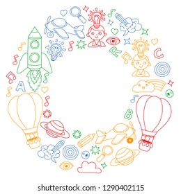 Education and imagination illustration for little children. Image for kindergarten, school kids. Travel, adventure, exploration.