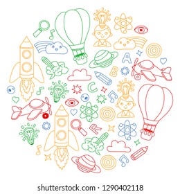 Education and imagination illustration for little children. Image for kindergarten, school kids. Travel, adventure, exploration.