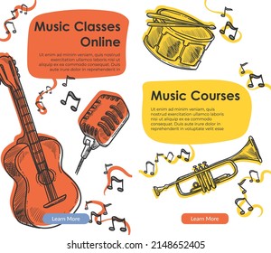 Education and improvement of musical skills. Music classes online, lessons and courses from professionals. Hobby and musicians practice. Drums and microphone, acoustic guitar website, vector