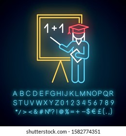 Education industry neon light icon. Educational process. Pedagogy practice. Learning system. Teaching. Basic knowledge. Glowing sign with alphabet, numbers and symbols. Vector isolated illustration