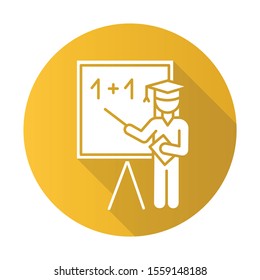 Education industry yellow flat design long shadow glyph icon. Educational process. Pedagogy practice. Learning system. Teacher giving lesson. Basic knowledge. Vector silhouette illustration